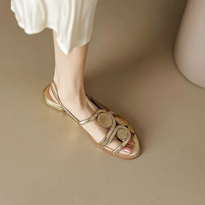 Women's New Round Head Spring/Summer Genuine Leather Sheepskin Spliced Low Heel Large Size Elastic Open Toe Sandals