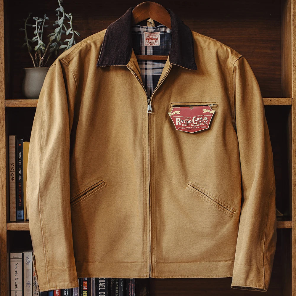 Maden Retro Canvas Detroit Hunting J001 Jacket Heavyweight Pocket Work Jacket Lapel Collar Zipper Coat for Men's Spring and Fall
