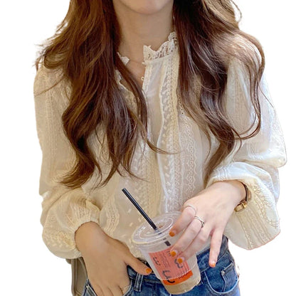 New Chic Spring Autumn  Lace Women Fashion Blouse Long Sleeve Casual Elegant Office Loose Shirt Collar Elegant Top Clothes