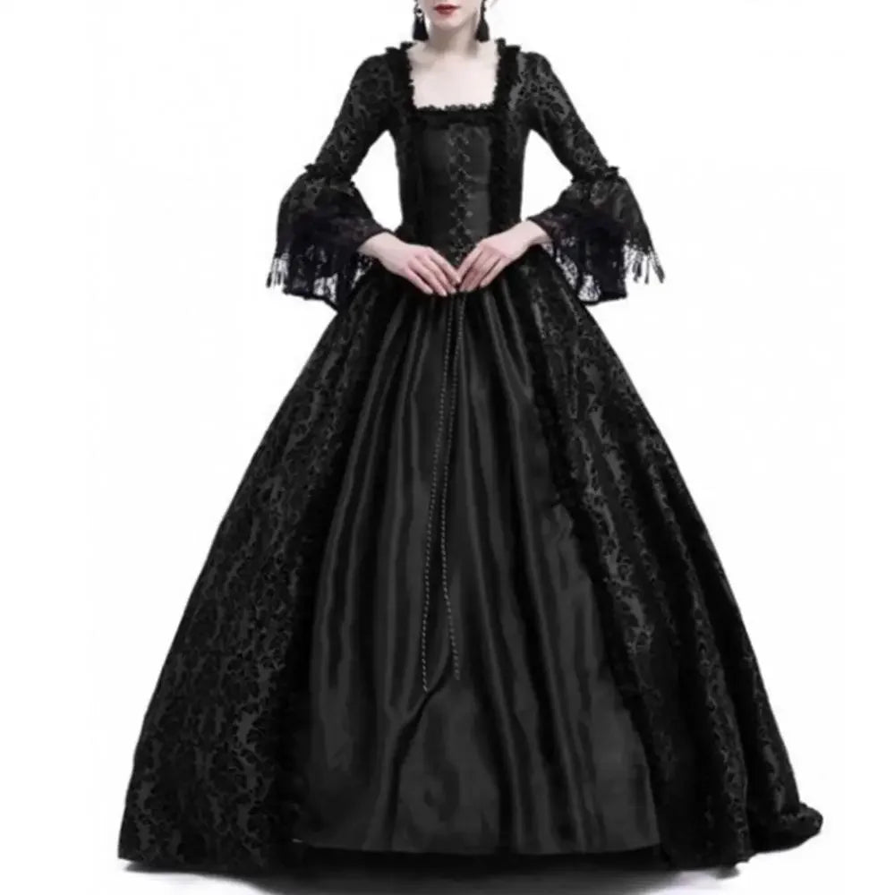 Women Vintage Medieval Gothic Square Neck Flare Sleeve Lace Patchwork Maxi Dress  bodycon dress  dresses