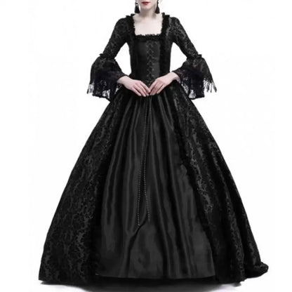 Women Vintage Medieval Gothic Square Neck Flare Sleeve Lace Patchwork Maxi Dress  bodycon dress  dresses