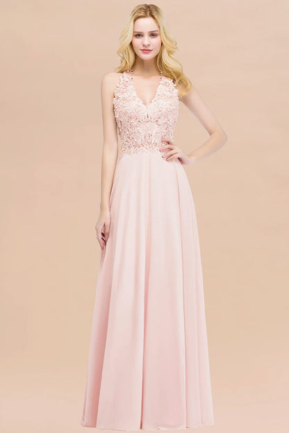 A-line V-neckline Chiffon Lace Pearls Beadings Floor-length Prom Dress Sleeveless Evening Elegant Party Dresses For Women 2024