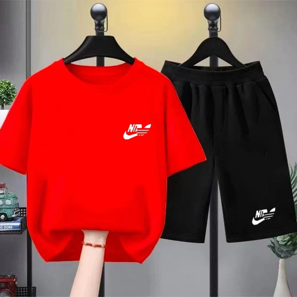 Kids Summer Boy Girl Round Neck Black T-shirt+Shorts Short-sleeved Toddler 3-12Y Casual Sports Set Fashion Pink letter print
