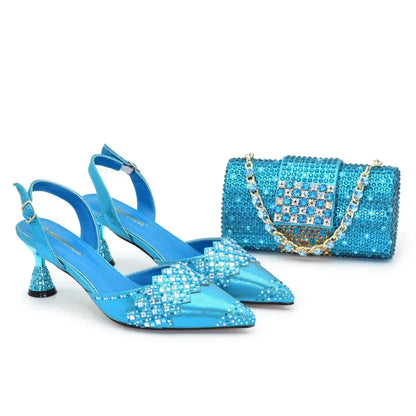 New Arrival Pointed Toe Heels for Women 2026 Elegant Party Diamond Pumps Italian Shoes and Bags Matching Set with Rhinestone