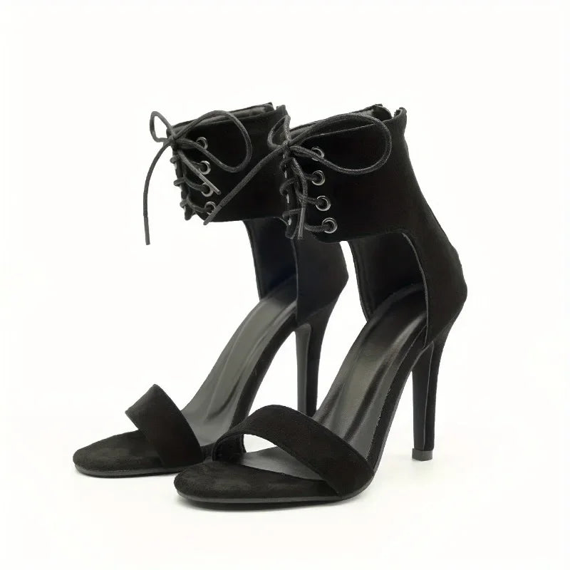 Black Gladiator Sandals For Women 2024 Summer Sexy Open Toe Belt Buckle Cover Heeled Thin High Heels Shoes Club Party Pumps