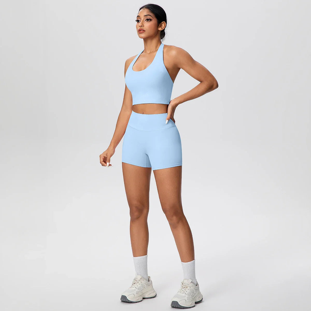 2picese Women Yoga Suit Solid Color High Waist Hip Push Up Fitness Shorts Sexy Pilates Backless Gym Hanging Neck Bra Yoga Set