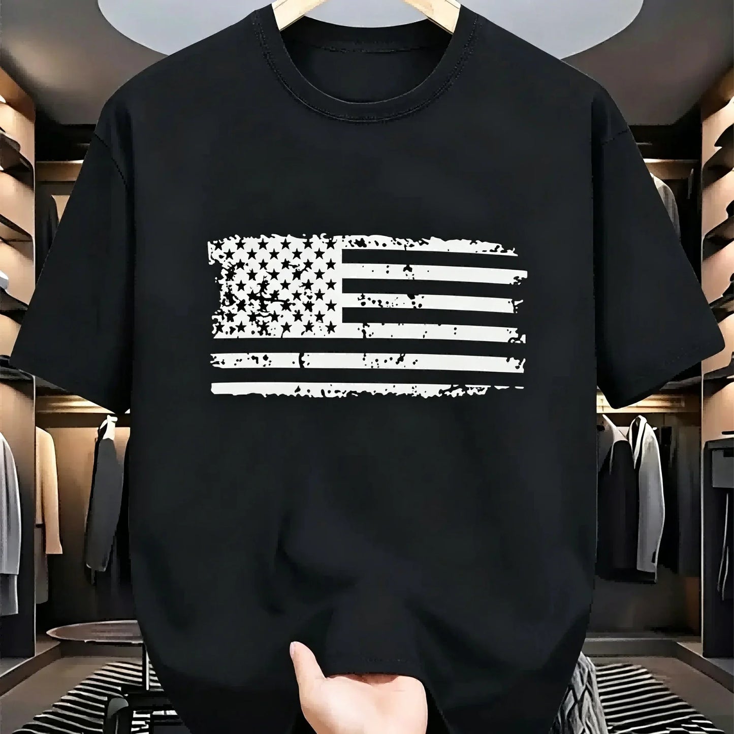 Vintage Distressed American USA Flag Print Men's Black Cotton T-Shirt Streetwear Tee