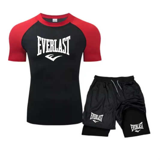 Men's Compress Shirt + 2-in-1 sports shorts 2pcs Set Leisure Breath Short Sleeve Sport Jogging Gym Brand Print Clothing