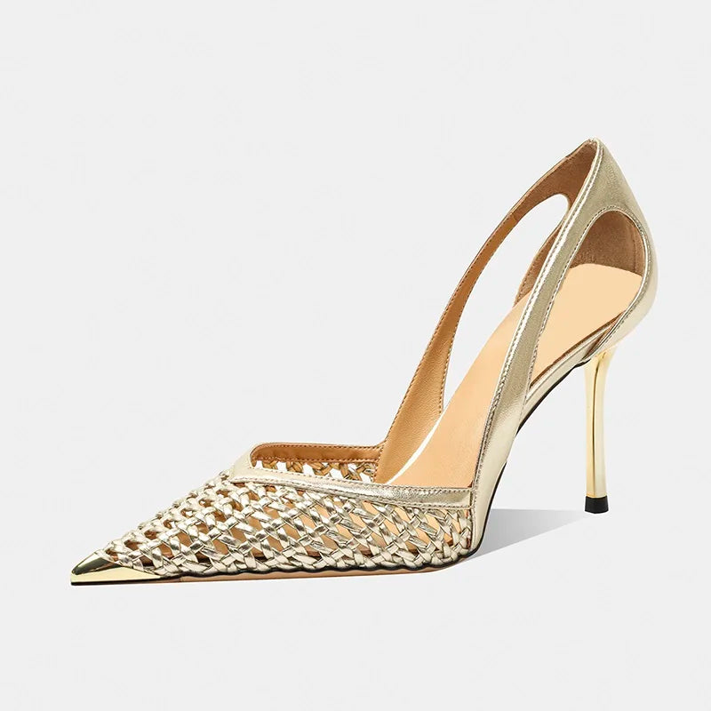 Women Hollow Sandals Elegant Pointed Toe Metal Straps High Heels Shoes Women Elegant Fashion Concise Sandals  Zapatos De Mujer