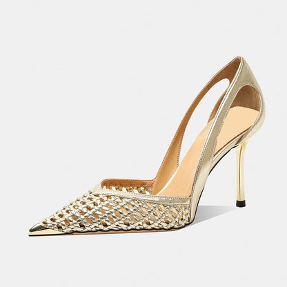 Women Hollow Sandals Elegant Pointed Toe Metal Straps High Heels Shoes Women Elegant Fashion Concise Sandals  Zapatos De Mujer