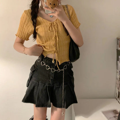 TShirt For Women V-neck Summer Simple Versatile Casual Crop Tops Bandage Ribbed Short Sleeve Women's Top T-Shirt Girl