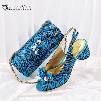 Women Elegant Gold High Heel Shoe and Matching Bag Set with Rhinestone Accents Stylish Peep Toe Design for Party