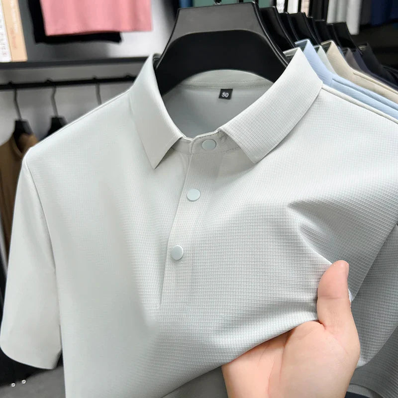 Summer Short Sleeve T-Shirt - Premium Jacquard Spandex, 7A Antibacterial, Seamless, Contrast Color, Split Hem, Wrinkle-Free Polo