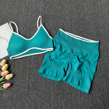 Peach Buttock Yoga Suit Women Gym Seamless Suspender Gathering Bra High Waist Hip Lifting Belly Tightening Shorts Fitness Set