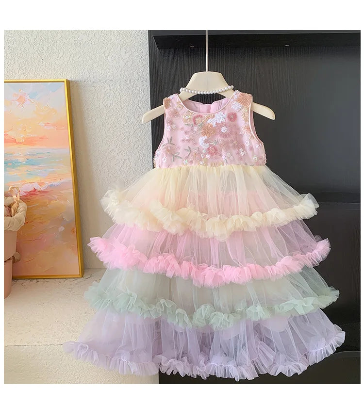 Vestido Regata para Meninas Verão 2025 Novo Vestido Elegante de Malha com Babados para Meninas Vestido Princesa Roupa Infantil de Fada
