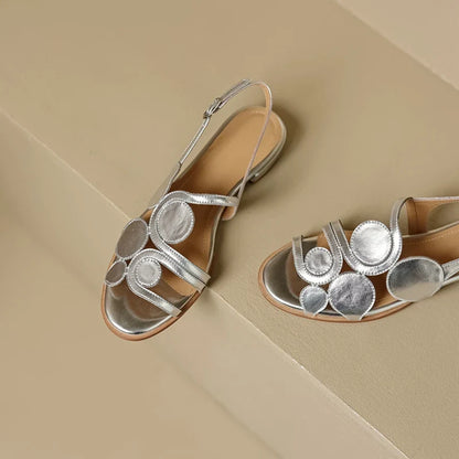 Women's New Round Head Spring/Summer Genuine Leather Sheepskin Spliced Low Heel Large Size Elastic Open Toe Sandals