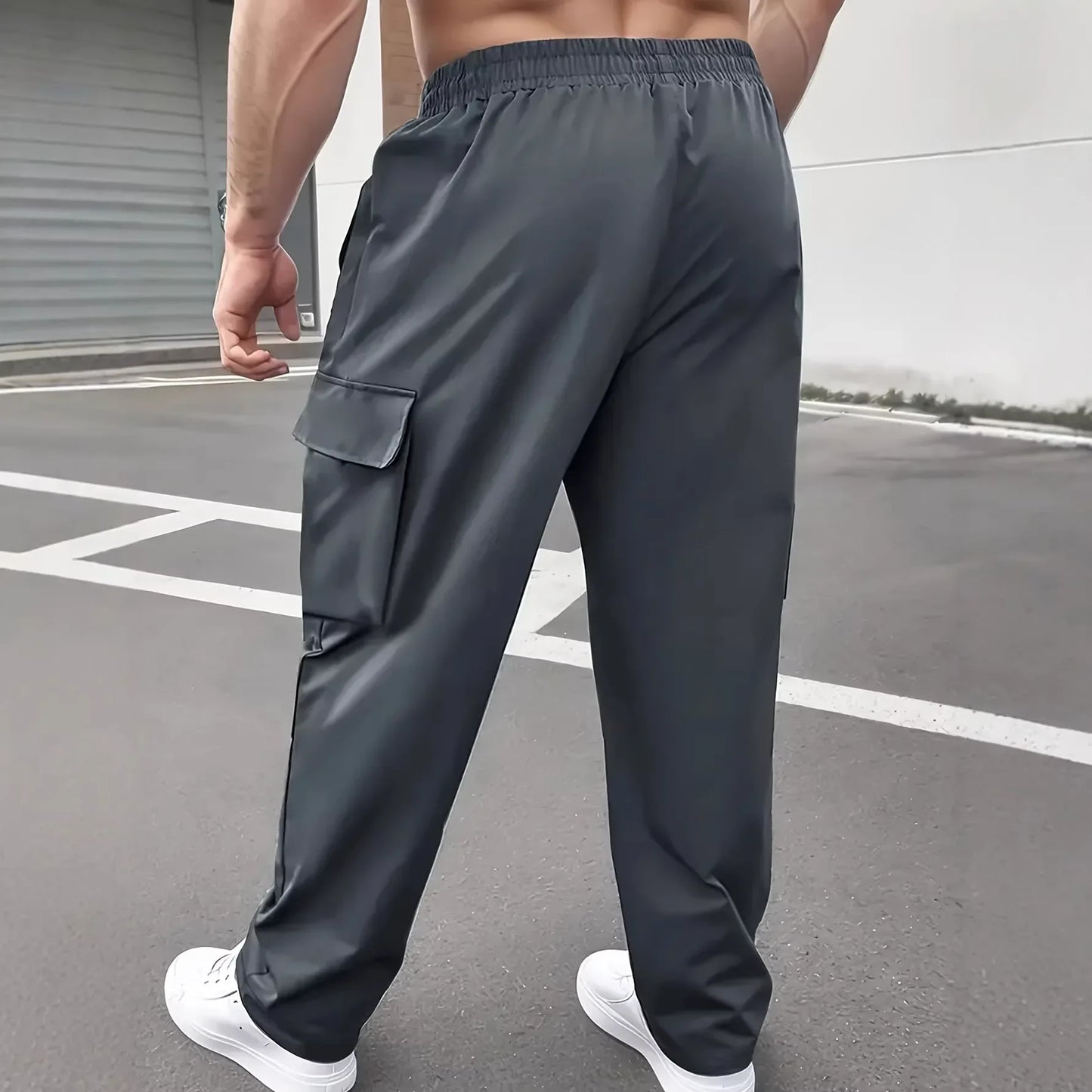 Men Lightweight Cargo Pants with Drawstring Elastic Waist Multiple Zipper Pockets Large Side Pockets Breathable Regular Fit