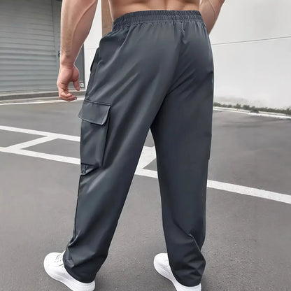 Men Lightweight Cargo Pants with Drawstring Elastic Waist Multiple Zipper Pockets Large Side Pockets Breathable Regular Fit