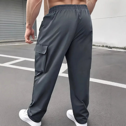 Men Lightweight Cargo Pants with Drawstring Elastic Waist Multiple Zipper Pockets Large Side Pockets Breathable Regular Fit