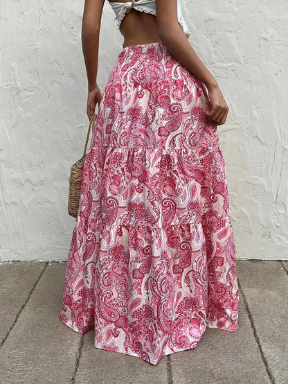 Vacation Style Stretchy Waist Long Maxi Skirt - Flowy Beach Skirt with Elastic Waistband