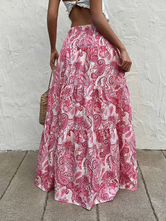 Vacation Style Stretchy Waist Long Maxi Skirt - Flowy Beach Skirt with Elastic Waistband