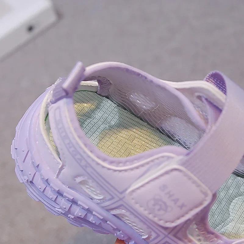 2026 summer new girls' bow mesh toe sandals soft and casual beach sandals children's outdoor walking non slip flat shoes