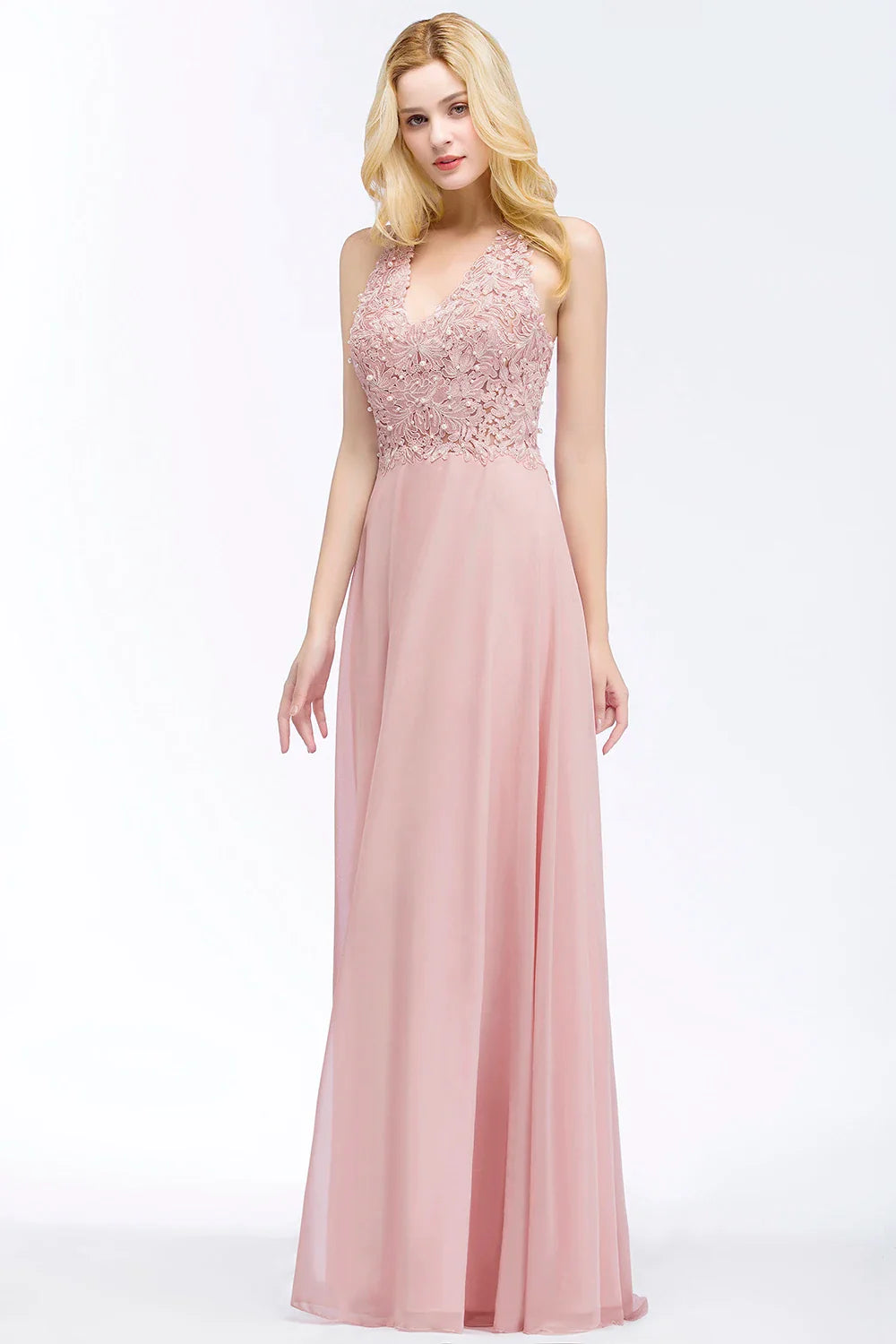 A-line V-neckline Chiffon Lace Pearls Beadings Floor-length Prom Dress Sleeveless Evening Elegant Party Dresses For Women 2024