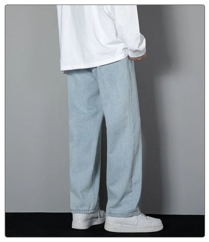 2026 New Korean Men's Casual Long Jeans Classic Man Straight Denim Wide-leg Pants Solid Color Light Blue Black 3XL Cargo Jean
