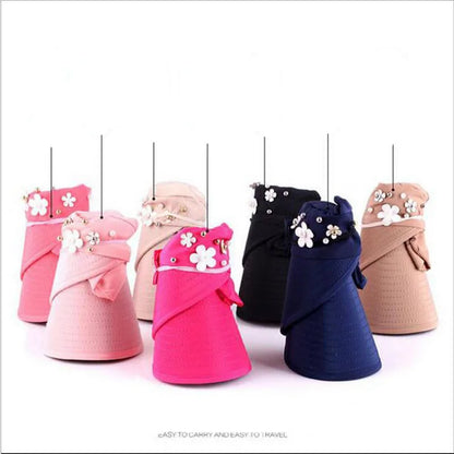 Summer Women Wide Brim Empty Top Hats Flower Pearls Floppy Foldable Sun Protection Hats Outdoor Beach Tour Visor Baseball Cap