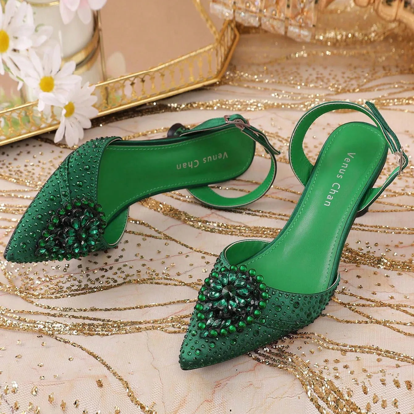 Green Colour Wedding High Heels for Women Italy Design Rhinestone  Decorate Pointed-Toe Gorgeous Parties 2025 INS Lady Plus Size