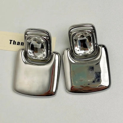 Vintage Exaggerated Metal Square Geometric Crystal Large Earrings for Women European American Personality Party Heavy Jewelry