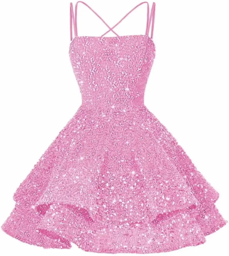 Sequin Short Square Neck Homecoming Dress for Teen Sparkly Prom Dress Sweet 16 Photo Shoot Cocktail Gowns Graduation Dress