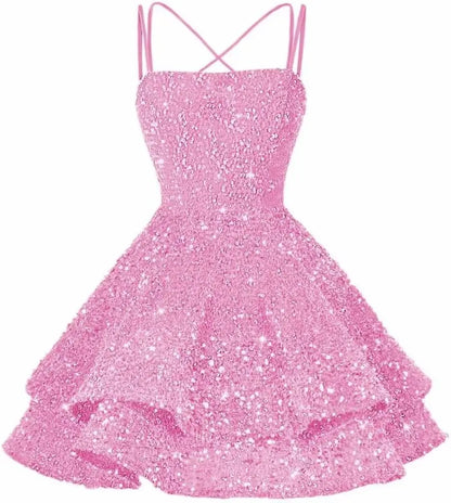 Sequin Short Square Neck Homecoming Dress for Teen Sparkly Prom Dress Sweet 16 Photo Shoot Cocktail Gowns Graduation Dress