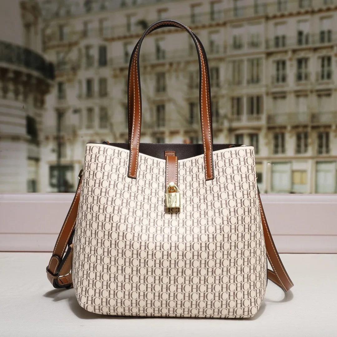 Stylish Monogram Tote Bag Lock Decorative Detail Top Handles Detachable Crossbody Strap Fashion Shoulder Bag