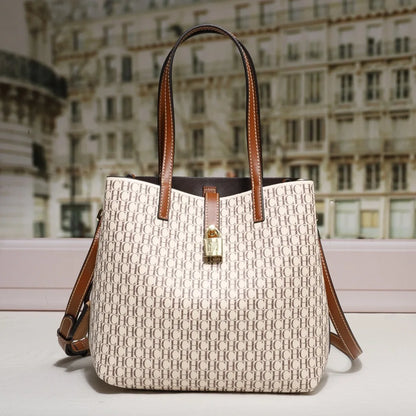 Stylish Monogram Tote Bag Lock Decorative Detail Top Handles Detachable Crossbody Strap Fashion Shoulder Bag