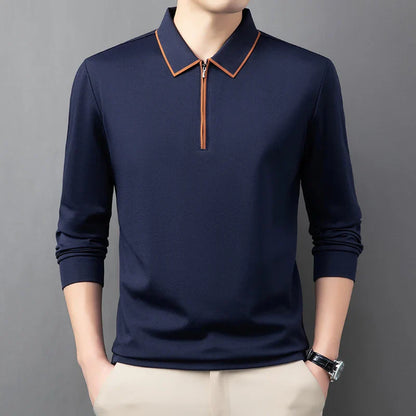 Light luxury brand long sleeved men's polo shirt autumn fashion flip collar half zipper design boutique top silk casual T-shirt