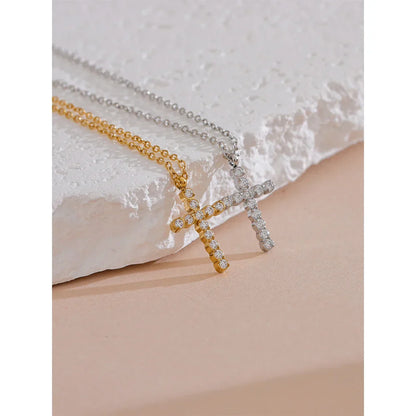 Delicate Shiny Cubic Zirconia 316L Cross Pendant Necklace for Women Stainless Steel High Quality Jewelry Water Resistant