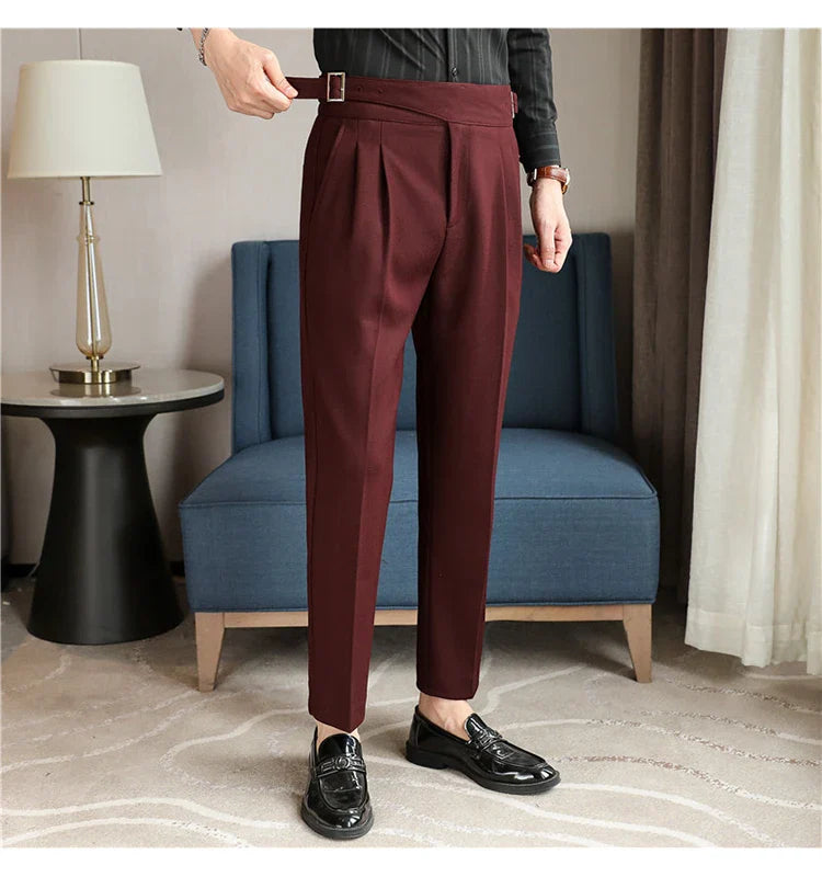 Luxury Men's Slim High-Rise Dress Pants - Heavyweight Subtle Stripe with 3D Pleats & Naples Tailoring