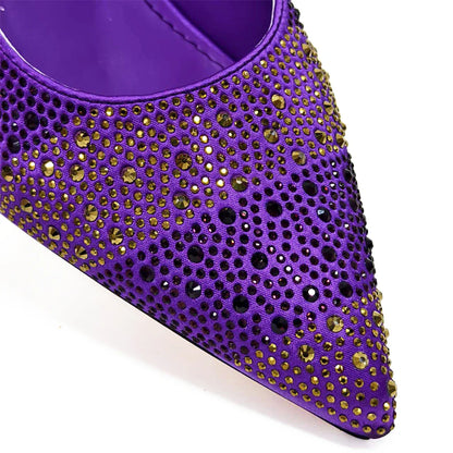 High Heels Shoes for Women Embroidery Rhinestone Italian Design Gold Color Pointed Toe Shoes and Bags Set Fashio