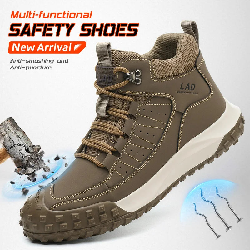 Men's four season work shoes with high top, comfortable soft sole, anti smashing steel toe safety shoes
