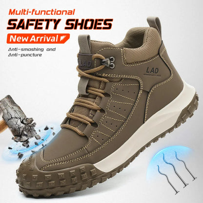 Men's four season work shoes with high top, comfortable soft sole, anti smashing steel toe safety shoes