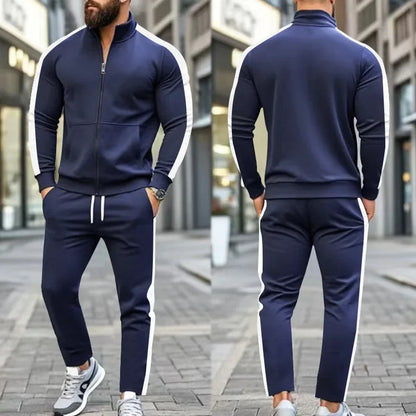 2025 Spring Autumn Men's 2-Piece Set Color Blocking Zipper Stand Collar Casual Sports Jacket Sweatshirt Trousers Suit