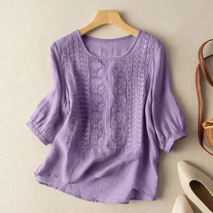 Elegant Women Embroidered Blouses Autumn 2024 3/4 Puff Sleeve Transparent Blusas Mujer Casual Vintage Cotton Shirts Tops