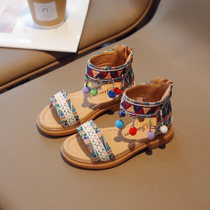 Ethnic Style Simple Children Roman Shoes 2024New Soft Breatheable Flats Open-toe Kids Shoes Non-slip Girls Sandals GLADIATOR