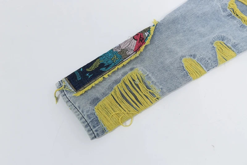 Chinese Painting Embroidered Patch Denim Ripped Jeans for Men Streetwear Pleated Tassels Distressed Destroyed Jean Straight Male