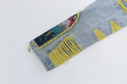 Chinese Painting Embroidered Patch Denim Ripped Jeans for Men Streetwear Pleated Tassels Distressed Destroyed Jean Straight Male