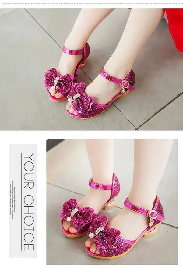 Girls Sandals Summer 2023  New Children's Princess Shoes Little Girls High-heeled Bow-knot Crystal Sandals Party Dress Wedding