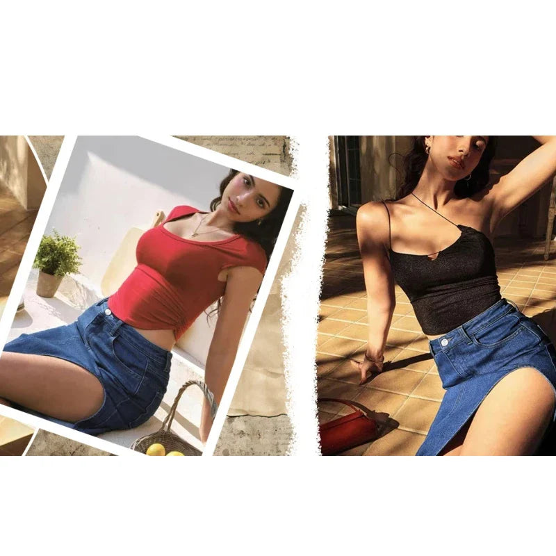 Women's Mid Rise Stretchy Denim Skirt Asymmetrical High Slit Midi Length Casual Streetwear for Summer & Party Outfits
