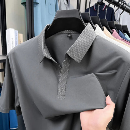 Fashion V-neck short sleeve T-shirt men's summer solid color silky smooth breathable personalized jacquard buttonless polo shirt