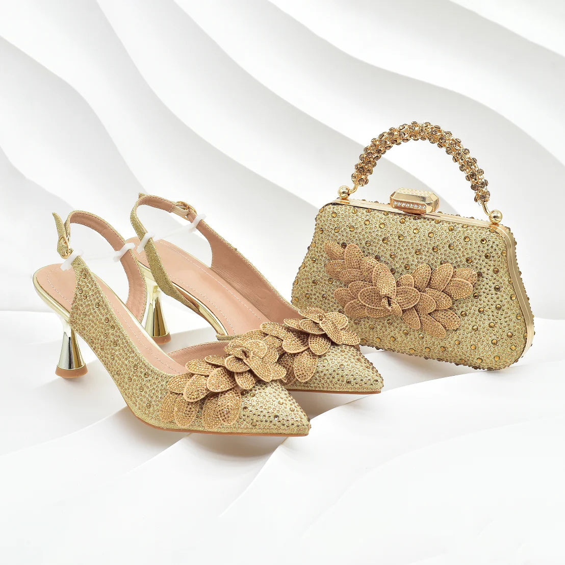 New Arrival Nigerian Women Heel Party Shoes and Bag Set Rhinestone Handbag Italian Design Luxury Wedding Shoes for Bride